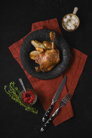 A plate holds a portion of duck confit alongside roasted pears. A small bowl of lingonberry sauce