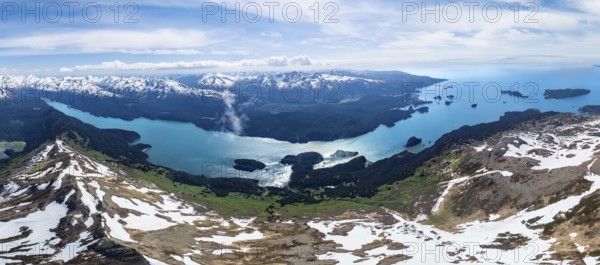 View of mountain landscape with turquoise blue Tutka Bay fjord, aerial view, Grace Ridge, Kachemak