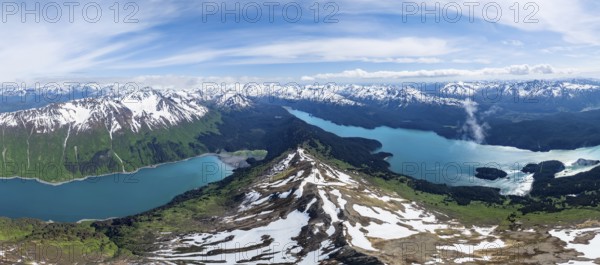 View of mountain landscape with turquoise blue fjord Sadie Cove and Tutka Bay, aerial view, Grace