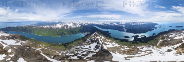 Panorama, view of mountain landscape with turquoise blue fjord Sadie Cove, aerial view, Grace
