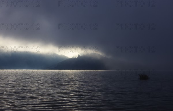 Foggy morning atmosphere with sunrise at the lake, Mondsee, Salzkammergut, Upper Austria, Austria