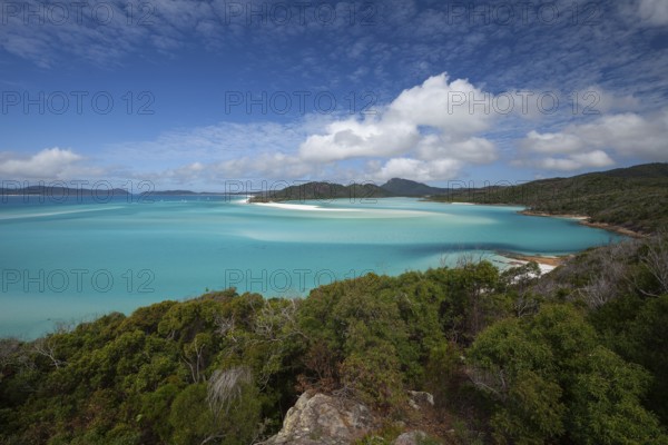 Sunny daytime view from Hill Inlet lookout over Whitehaven Beach, Whitsunday Island, Queensland,
