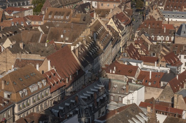 The stone balcony offers a view of the city of Strasbourg. Houses and buildings can be seen under a