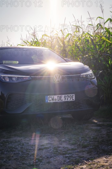 Black car in front of a corn field with low sun in a rural area, VW ID5 electric car, deer e-car
