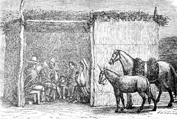 Group at Almrendal Ranch near Valparaiso, rural area, men, woman, child, indigenous people in local