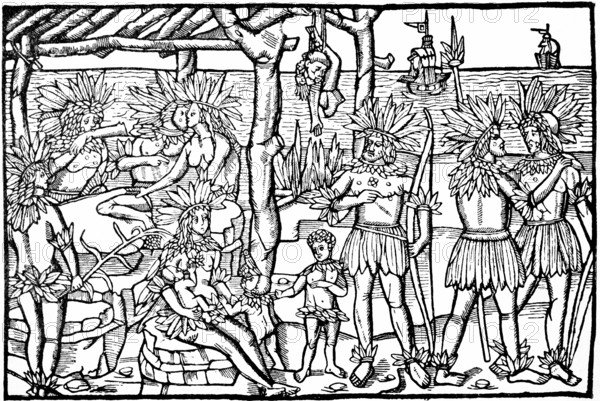First depiction of the natives of the New World, sailors, ships, sea route to India, landing on