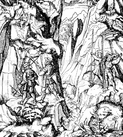 Alps at the time of Emperor Maximilian I (1459-1519), the young White King kills a chamois with a