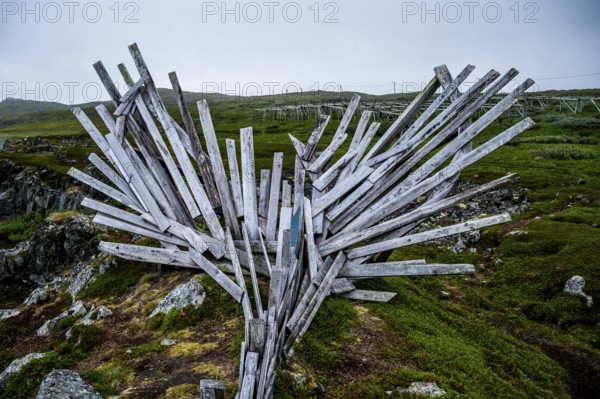Wooden sculpture with dynamic shapes in a natural environment, Drakkar Vardø sculpture. The