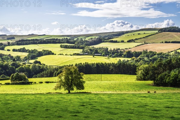 Fields and farms over Ferniehirst Castle, Oxnam, Jedburgh, Scottish Borders, Roxburghshire,