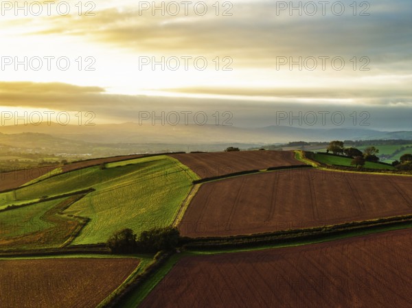Colours of autumn Fields and Farms over Sheldon from a drone, Torbay, Devon, England, United
