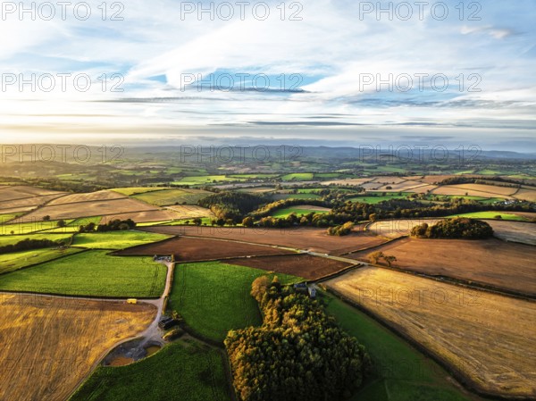 Colours of Devon Farms and Fields over Berry Pomeroy from a drone, Totnes, England, United Kingdom