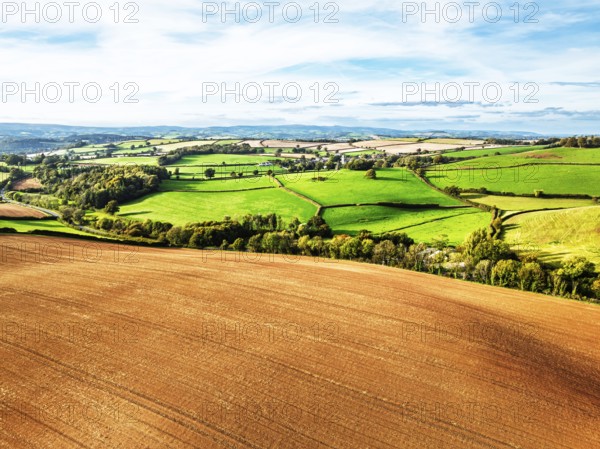 Colours of Devon Farms and Fields over Paignton and Berry Pomeroy from a drone, Totnes, England,