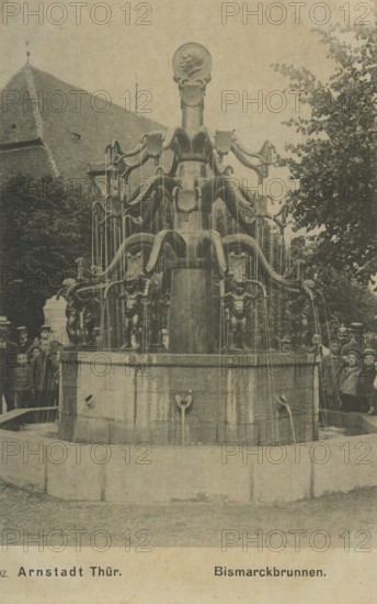 Bismarck Fountain in Arnstadt in Thuringia, Ilmkreis, Germany, postcard, view around 1900 - 1910,