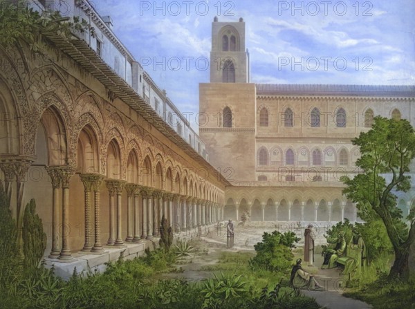 Benedictine monastery in Monreale, 1883, Sicily, Italy, school painting, authentic reproduction of