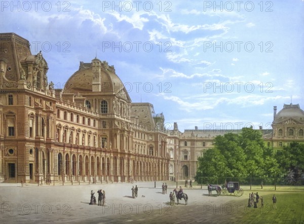 The Louvre in Paris in 1883, France, school painting, authentic reproduction of a school mural,