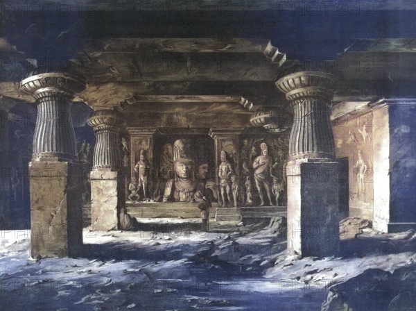 Elephanta Caves, are a group of cave temples on Elephanta Island near Mumbai, 1883, India, school