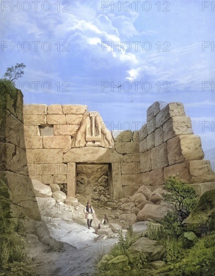 Lion's Gate in Mycenae, 1883, Greece, school painting, authentic reproduction of a school mural,