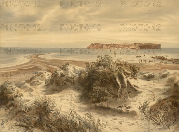 View across the dunes to Heligoland, 1890, North Sea, Germany, school painting, authentic