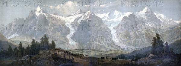 Alps in the Bernese Oberland, 1880, Switzerland, school picture, authentic reproduction of a school