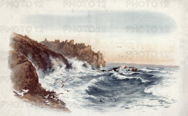 Lands end in Cornwall, 1907, England, school picture, authentic reproduction of a school mural,