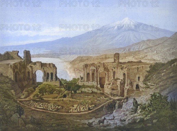 The Greek Theatre of Taormina with a view of Mount Etna, 1930, Sicily, Italy, school painting,