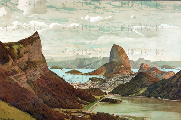 The Bay of Rio de Janeiro, 1911, Brazil, school painting, authentic reproduction of a school mural,