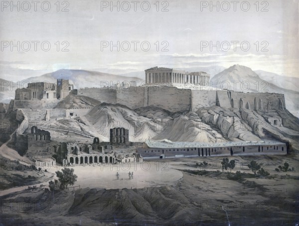 The Acropolis in Athens, south side, 1883, Greece, school painting, authentic reproduction of a