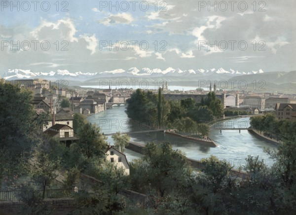 View of Zurich around 1900, Switzerland, authentic reproduction of a school mural, historical,