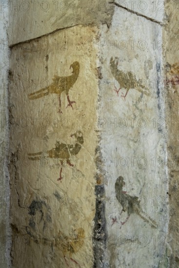 Mazerier village. Murals of painted church St. Saturninus, The pheasant hunting. Allier department,
