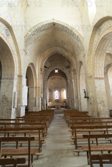 St Cyr and St Julitte's Church, roman church of Escurolles. Nave, Allier department, Auvergne Rhone
