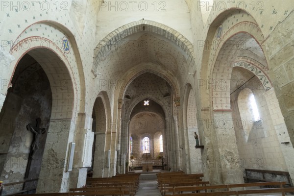 St Cyr and St Julitte's Church, roman church of Escurolles. Nave, Allier department, Auvergne Rhone