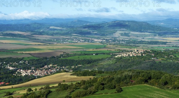 Limagne plain with the villages of Coudes and Montpeyroux. Puy de Dome. Auvergne Rhone Alpes.
