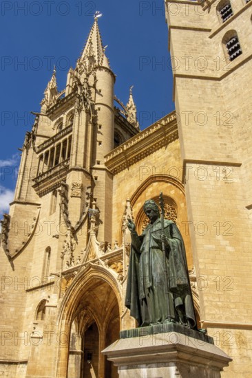 Cathedral Notre-Dame-et-Saint-Privat of Mende and statue of Urbain V Pope, Lozere department,