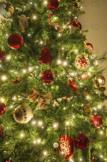Christmas tree with red balls and lights, festive glow in warm light, Nagold, Calw district, Black