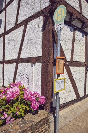Bus stop Insul Gasthaus Keuler, half-timbered house, facade, flower, sunny, Insul, Ahrweiler