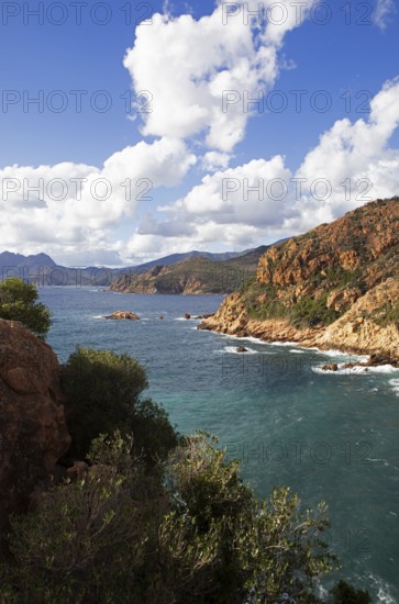 View of the Gulf of Porto and the bizarre rock erosions of the Calanche, Les Calanches de Piana,