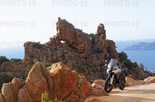 Bizarre rock erosions in evening light, Calanche, Les Calanches de Piana, Corse-du-Sud, Corsica,