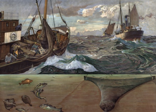 Deep-sea fishing, deep-sea fishing in 1913, fishing boats, Atlantic, authentic reproduction of a