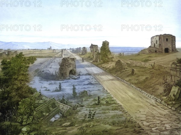 Oldest trunk road built by the Romans, Via Appia in Rome around 1883, Italy, authentic reproduction