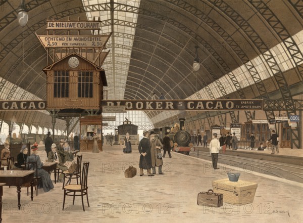 Amsterdam Central Station, 1901, Netherlands, Holland, authentic reproduction of a school mural,