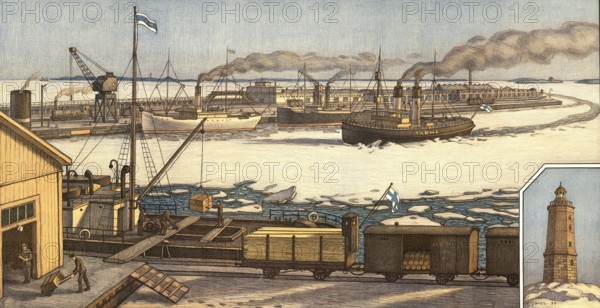 The port of Hanko, Hango, in winter, southernmost town in Finland, 1900, trade in goods, authentic