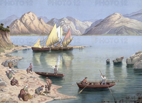 Sponge diver, sponge fisherman at work, around 1913, Greece, authentic reproduction of a school