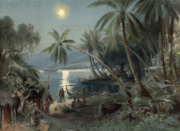 Nighttime with natives on Samoa in Polynesia, around 1905, authentic reproduction of a school