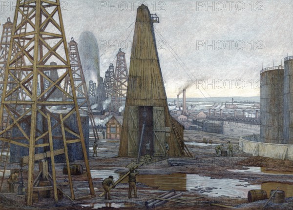 Drilling rigs for oil production in Texas around 1913, America, authentic reproduction of a school