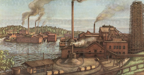 Cellulose production, paper mill around 1900, Denmark, authentic reproduction of a school mural,