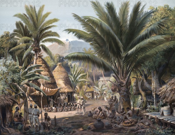Village in Cameroon, natives and German troops in one place, German colony, 1905, authentic