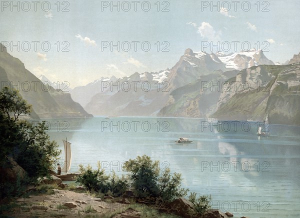 Lake Lucerne in 1890, Switzerland, authentic reproduction of a school mural, historical, exact date