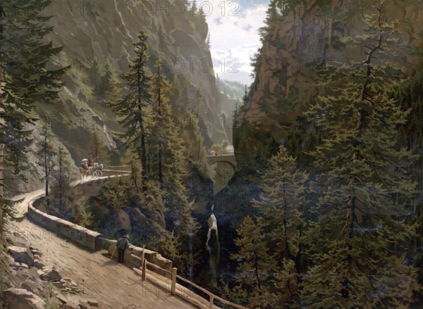 Via Mala, historically notorious section of trail, in 1890, Grisons, Switzerland, authentic