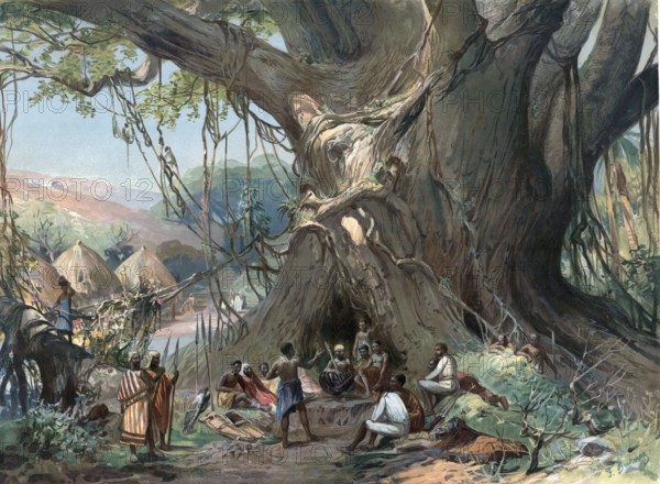 Negotiation under a baobab tree in Togo in 1905, Africa, authentic reproduction of a school mural,