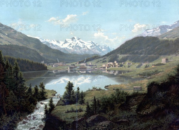St. Moritz in Switzerland around 1890, authentic reproduction of a school mural, historical, exact